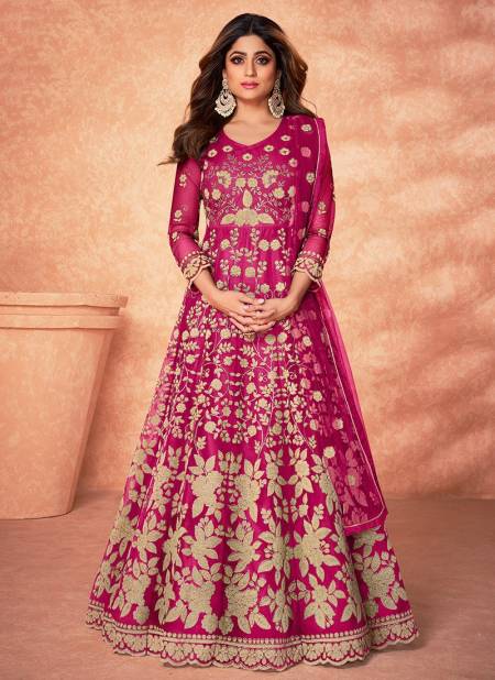 Pink Colour AASHIRWAD MORNI Heavy Wedding Wear Net Long Anrkali Slawar Suit Latest Collection 9182